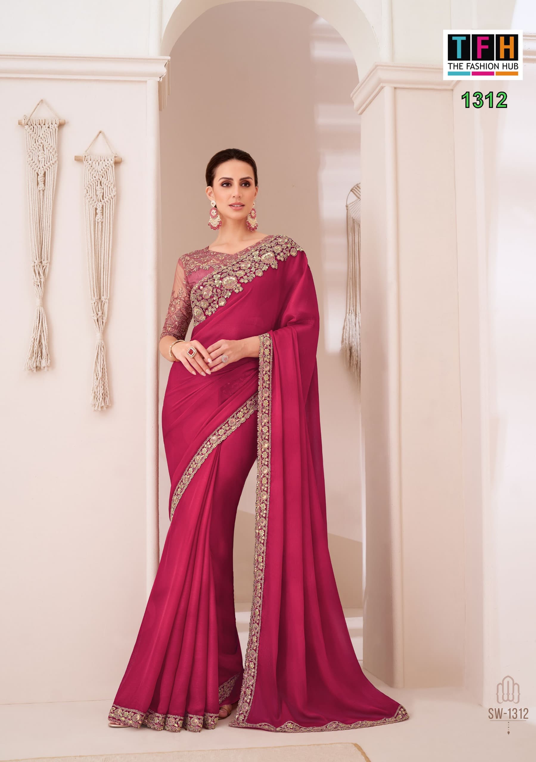 Magenta Cherry Satin Chiffon Saree with Banglori Silk Blouse